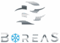Logo Boreas sur fond vert foncé. Des formes abstraites métalliques flottent au-dessus du nom "BOREAS" en gris, avec une étoile de neige bleue remplaçant le O.