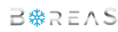 BOREAS Logo | Design futuriste Flocon de neige chromé Logo Boreas futuriste, lettres chromées argentées 3D. Un flocon de neige bleu vif remplace le O, symbolisant le froid.