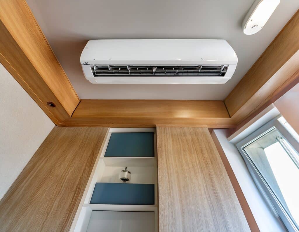 Climatiseur mural blanc au-dessus d'un meuble de rangement en bois clair avec étagères bleu sarcelle et une fenêtre à droite.