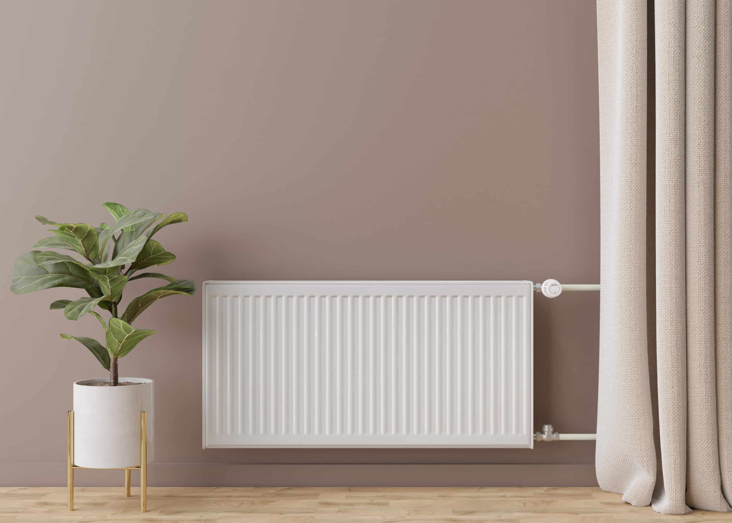Radiateur blanc moderne dans une pièce aux murs taupe, près d'une plante Ficus lyrata et d'un rideau texturé beige.