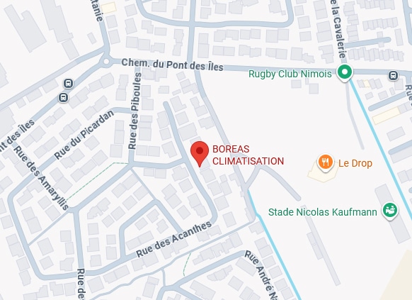 Carte de Nîmes localisant BOREAS CLIMATISATION près du Rugby Club Nimois, Le Drop et Stade Nicolas Kaufmann.